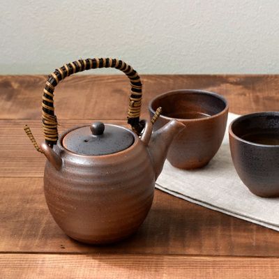 新品】土瓶 急須 黒伊賀雅 6個 つる付 茶コシ付 お茶 和陶 陶器